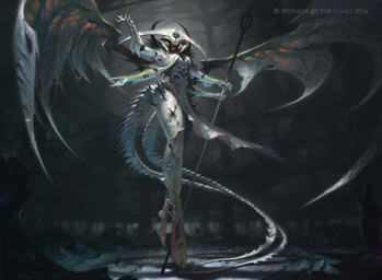 2_tails 4_arms female flying holding_melee_weapon holding_object holding_polearm holding_spear holding_weapon looking_at_viewer low-angle_view melee_weapon membrane_(anatomy) membranous_wings multi_arm multi_limb multi_tail not_furry polearm solo spear spread_wings tail weapon white_body wings victor_adame_minguez hasbro magic:_the_gathering wizards_of_the_coast atraxa_(magic:_the_gathering) alien humanoid phyrexian 2016 hi_res official_art
