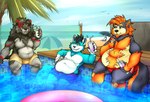 beach beach_umbrella drinking group male overweight palm_tree parasol plant pool tree trio bardo_en_krisis canid canine canis domestic_cat felid feline felis lion mammal pantherine wolf hi_res
