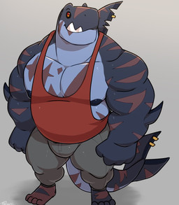 anthro barazoku barefoot black_clothing black_nipples black_sclera black_shirt black_topwear bottomwear bulge clothing dorsal_fin elbow_fin fangs feet fin fin_piercing furgonomic_piercing furgonomics grey_background grey_body male muscular muscular_anthro muscular_arms muscular_male nipples non-mammal_nipples orange_eyes pants pecs piercing scar scars_all_over shirt simple_background smile solo standing tail tail_fin tail_piercing teeth topwear same22shark nelson_(same22shark) aquatic fish shark 2022 digital_media_(artwork) full-length_portrait hi_res portrait signature