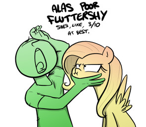 ?_face dialogue duo feathered_wings feathers female feral hair humor male open_mouth simple_background text unimpressed white_background wings shoutingisfun friendship_is_magic hasbro my_little_pony mythology anon fluttershy_(mlp) green_man equid equine human mammal mythological_creature mythological_equine pegasus 2016 english_text
