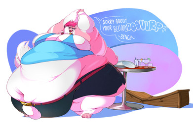 after_eating anthro apology arms_above_head bell bell_collar belly belly_on_ground belly_overhang belt bench big_breasts big_cheeks black_sclera blue_eyes bottom_heavy bottomwear bra breasts burping burping_while_talking chubby_cheeks clothing collar container cup deep_navel denim denim_bottomwear denim_clothing denim_shorts destruction dialogue double_chin eyewear female furniture glasses horn huge_breasts looking_at_viewer love_handles midriff morbidly_obese morbidly_obese_female navel obese obese_female overweight overweight_female plate raised_arms round_glasses shirt shorts solo speech_bubble standing stretching table tail talking_to_viewer tank_top topwear undersized_clothing underwear psydoux floofy_(fluwufy) cat_demon demon domestic_cat felid feline felis mammal 2025 hi_res
