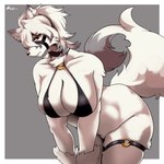 anthro big_breasts breasts clothed clothing crossgender female fur hair harness mtf_crossgender red_eyes simple_background tail white_body white_fur taphris mihoyo zenless_zone_zero von_lycaon canid canine canis mammal wolf 1:1 absurd_res hi_res