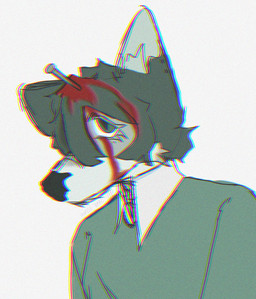 anthro blood blood_from_eye bodily_fluids clothing collared_shirt gore hair lobotomy male noise_filter shirt solo static sweater topwear ivory33 canid canine canis mammal wolf absurd_res bust_portrait chromatic_aberration colored hi_res portrait