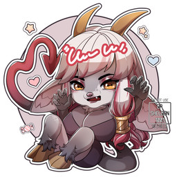 amber_eyes anthro black_tail breasts chibi clothed clothing cloven_hooves eyebrow_through_hair eyebrows eyelashes eyelashes_through_hair fangs female fur grey_body grey_fur hair hooves lips long_tail looking_at_viewer open_mouth red_hair red_tail sitting solo spade_tail tail teeth text translucent translucent_hair unguligrade white_hair drsheldon1001 thea_rosenheim bovid caprine caprine_demon demon goat goat_demon ibex mammal 1:1 artist_name english_text hi_res