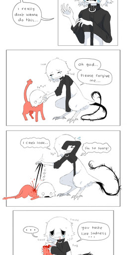 ambiguous_anthro ambiguous_feral ambiguous_gender anthro avian_feet black_clothing black_collar black_eyes black_shirt black_spikes black_straitjacket black_tail black_topwear blood blood_from_mouth blood_in_mouth bodily_fluids closed_smile clothing collar covering covering_eyes covering_face crouching crying death duo eating ellipsis feral fur gore hard_vore killing mouth_closed noseless petting pink_body pink_tail purring question_mark regret restraints sad scutes shadow shirt sitting smile sniffing sobbing speech_bubble stab straitjacket streaming_tears sweat sweatdrop tail tears text topwear vore white_body white_fur white_scutes jejejunum mumble_(jejejunum) avian domestic_cat felid feline felis fraid_(species) mammal 2026 absurd_res comic digital_media_(artwork) english_description english_text firealpaca_(artwork) hi_res male_(lore)