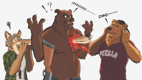 backwards_baseball_cap backwards_hat baseball_cap blood bodily_fluids clothed clothing eyebrows fully_clothed group gun hat headgear headwear humor impalement jacket long_snout male nipples notched_ear ranged_weapon rifle shirt snout t-shirt topless topwear trio weapon kowloon7050 arches_(game) echo_(series) echo_project brian_dubois cameron_wilson devon_ortega bear canid canine canis coyote mammal