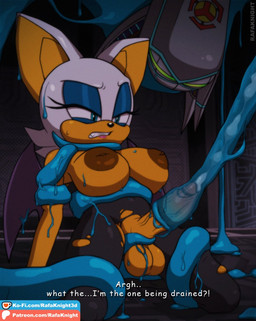 anthro balls big_breasts big_nipples blue_eyes blue_eyeshadow bodily_fluids bound breasts clothing cum cum_draining cum_string eyeshadow female genital_fluids genitals gynomorph half-closed_eyes intersex inverted_nipples kneeling lipstick makeup narrowed_eyes nipples orange_body restrained tentacles text torn_clothing wings rafaknight-rk sega sonic_the_hedgehog_(series) rouge_the_bat artificial_chaos bat mammal 2026 english_text hi_res