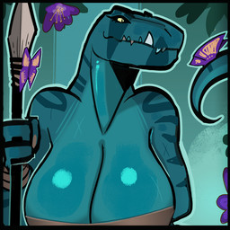 anthro big_breasts black_border black_sclera blue_body blue_scales border bra breasts brown_clothing brown_crop_top brown_shirt brown_topwear claws clothing crop_top fangs female fingers flower huge_breasts leather leather_clothing looking_at_insect markings melee_weapon plant polearm pupils purple_flower scales scar sharp_teeth shirt slit_pupils smile solo spear stripes tail teeth topwear underwear weapon wristband yellow_eyes mister_feelgood primal_(series) fang_(primal) arthropod butterfly dinosaur insect lepidopteran prehistoric_species reptile saurischian scalie theropod tyrannosaurid tyrannosauroid tyrannosaurus tyrannosaurus_rex 1:1 2026 better_version_at_source hi_res
