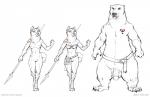 2018 anthro balls barthur_(htf) bear belt black_and_white black_nose bra breasts canid canine canis clothing domestic_dog duo elaine_(htf) feet female foot_wraps fur genitals hi_res humanoid_genitalia humanoid_penis husky larger_male male mammal melee_weapon monochrome mostly_nude navel nipples nordic_sled_dog nude off/on paws penis polearm simple_background size_difference sketch small_breasts smaller_female spear spitz standing tattoo text tribal underwear url weapon white_background wraps zaush