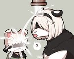 black_blindfold black_body black_ears black_fur blindfold duo feral feralized floppy_ears fur hair pink_tongue question_mark speech_bubble tongue tongue_out water white_body white_fur missaka nier_automata platinumgames yorha_2b yorha_9s canid canine canis domestic_dog felid mammal pantherine snow_leopard 2022 5:4