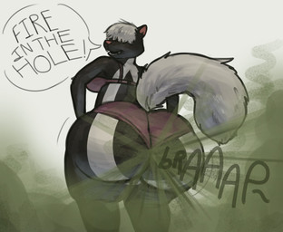 anthro big_breasts big_butt bra breasts butt clothing dialogue fart fart_cloud fart_fetish farting_at_viewer female fur gas gassy hair hair_over_eye huge_butt open_mouth panties solo sound_effects speech_bubble striped_body striped_fur stripes tail talking_to_viewer text underwear wide_hips sodiux dreamworks over_the_hedge stella_(over_the_hedge) mammal mephitid skunk english_text hi_res