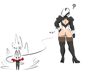 accessory anthro assisted_exposure black_body black_boots black_clothing black_eyes black_footwear black_gloves black_handwear black_topwear blindfold boots bottomless cloak cloak_only clothed clothing duo empty_eyes female footwear gameplay_mechanics gloves hair hair_accessory hairband hand_on_hip handwear high_heeled_boots high_heels holding_object holding_weapon knee_boots knee_highs legwear oblivious question_mark red_cloak red_clothing shoes short_hair simple_background size_difference suntan tan_body tan_line tan_skin text thick_thighs thigh_boots thigh_highs topwear weapon white_background white_body white_hair wide_hips unknown_artist hollow_knight_(franchise) nier_automata platinumgames team_cherry hornet_(hollow_knight) yorha_2b arthropod human insect mammal absurd_res hi_res