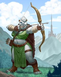 anthro belt bow_(weapon) breasts claws clothing cloud day detailed_background female fur fur_cloak grass green_clothing hair holding_bow_(weapon) holding_object holding_ranged_weapon holding_weapon mountain navel one_eye_closed outside plant quiver_(object) ranged_weapon slightly_chubby smile solo standing weapon white_body white_fur white_hair vanharmontt bear mammal 2023 absurd_res digital_media_(artwork) hi_res
