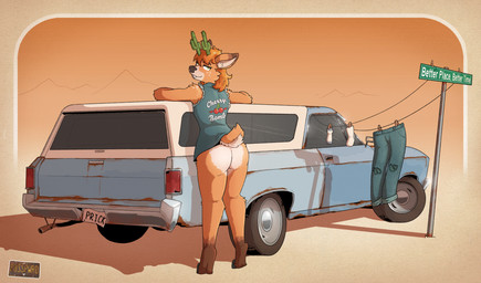 ambiguous_gender anthro barefoot bedroom_eyes bottomless bottomwear butt butt_heart cactus car clothed clothes_line clothing denim denim_bottomwear denim_clothing denim_jacket denim_topwear eyelashes feet footwear freckled_face freckled_shoulders freckles fur hooves jacket jeans long_eyelashes looking_at_viewer looking_back looking_back_at_viewer narrowed_eyes orange_body orange_fur pants plant scut_tail seductive short_tail smile socks soles solo tail topwear tuft vehicle posspowered jackee_straw_(posspowered) cryptid deer mammal absurd_res hi_res nonbinary_(lore)