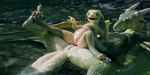 anthro assisted_exposure claws duo female female/female female_feral feral genitals green_body holding_other horn inviting larger_female larger_feral looking_at_viewer open_mouth partially_submerged presenting purple_eyes scales size_difference smaller_female smaller_feral spreading tail water wet dzat mythology neiivia viuru dragon kobold mythological_creature mythological_scalie reptile scalie 3d_(artwork) digital_media_(artwork) hi_res