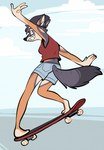 action_pose anthro barefoot beanie biped blue_background blue_eyes bottomwear claws clothed clothing cloud countershade_feet countershading denim denim_bottomwear denim_clothing denim_shorts feet female fingers fur gesture grey_body grey_fur hand_gesture hat headgear headwear orange_body orange_fur plantigrade pose shorts simple_background skateboard skateboarding skater sky skyscape smile solo teeth toes tomboy topwear v_sign vehicle whiskers white_background ricket harper_(nicnak044) canid canine fox mammal 2017 digital_media_(artwork) full-length_portrait hi_res portrait