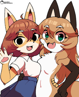 anthro bangs black_eyes bottomwear clean_lines clothing duo fangs female female/female gesture gloves green_eyes hair handwear happy long_hair open_mouth paw_gloves shirt short_hair simple_background skirt smile teeth text tongue tongue_out topwear waving white_background white_clothing white_shirt white_topwear conditional_dnp voider_(artist) averi_(fiddleafox) bully_fox canid canine fox mammal 2025 artist_name digital_media_(artwork) flat_colors half-length_portrait hi_res portrait shaded simple_shading