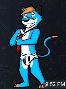 accessory anthro barefoot black_background black_body black_fur black_nose blue_body blue_fur briefs clothing clothing_pull detailed_background feet fur hair male monotone_briefs monotone_clothing monotone_underwear necktie necktie_pull orange_hair red_necktie sharp_teeth simple_background smile solo teeth teeth_showing text tighty_whities time_stamp underwear white_body white_briefs white_clothing white_fur white_text white_underwear foxmanad felid feline mammal hi_res