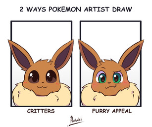 ambiguous_gender blush brown_body brown_eyes brown_fur comparison cute_fangs duo fangs feral fluffy fur green_eyes looking_at_viewer mane simple_background smile smirk tan_body tan_fur teeth text white_background shiroinu_hasaki nintendo pokemon eevee generation_1_pokemon pokemon_(species) english_text signature