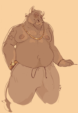 anthro belly big_belly biped body_hair bulge chest_hair clothed clothing detailed_bulge ear_piercing ear_ring front_view genital_outline horn looking_at_viewer male moobs nipples obese obese_anthro obese_male overweight overweight_anthro overweight_male penis_outline piercing ring_piercing simple_background solo topless chocolateandmilk bovid bovine cattle mammal 2021 dated digital_drawing_(artwork) digital_media_(artwork) hi_res monochrome partially_colored portrait sepia signature three-quarter_portrait