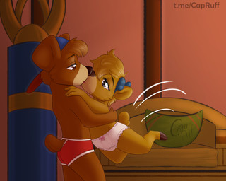 anthro briefs clothed clothing duo female hat headgear headwear inside jumping kiss_on_lips kissing male male/female topless underwear young young_female young_male capruff disney talespin kit_cloudkicker molly_cunningham bear mammal 5:4 hi_res