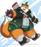 anthro arrow_(weapon) biped black_nose bottomwear clothing footwear fur green_eyes hoodie jacket kemono male orange_body orange_fur overweight overweight_male pawpads pink_pawpads quiver_(object) ranged_weapon shirt shorts socks solo suspenders thick_thighs topwear weapon white_clothing white_footwear white_socks kusosensei tamacolle iyo_(tamacolle) canid canine fox mammal 2024 hi_res