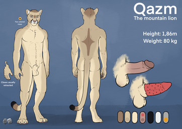 animal_genitalia animal_penis anthro athletic athletic_anthro athletic_male balls butt erection feline_genitalia feline_penis front_view fully_sheathed fur genitals glistening glistening_eyes humanoid_genitalia humanoid_penis male male_anthro mouth_closed nude orange_eyes penis pink_nose pink_penis rear_view red_penis sheath simple_background solo standing tan_balls tan_body tan_fur tan_sheath hufnaar qazm cougar felid feline mammal 2025 dated hi_res model_sheet
