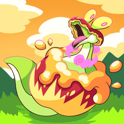 ambiguous_gender cloud detailed_background feral grass green_body open_mouth orange_sky outside pink_clouds pink_tongue plant pupils red_body sky solo tongue white_pupils yellow_eyes nolemgren nintendo pokemon generation_8_pokemon gigantamax_flapple gigantamax_pokemon pokemon_(species) 1:1 2020 cel_shading digital_drawing_(artwork) digital_media_(artwork) full-length_portrait hi_res portrait shaded