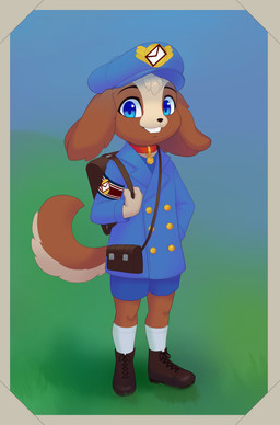 anthro backpack biped black_clothing black_footwear black_nose blue_clothing blue_eyes bottomwear brown_body claws clothed clothing coat collar_tag countershade_tail countershading delivery_(commerce) delivery_employee eyebrows floppy_ears fluffy fluffy_ears fluffy_tail footwear hat head_tuft headgear headwear looking_at_viewer male postal_carrier postal_delivery shorts simple_background smile smiling_at_viewer socks solo standing tail topwear tuft white_clothing white_footwear white_socks young young_anthro young_male jamesfoxbr jimmy_pupper canid canine canis domestic_dog mammal 2024 colored hi_res