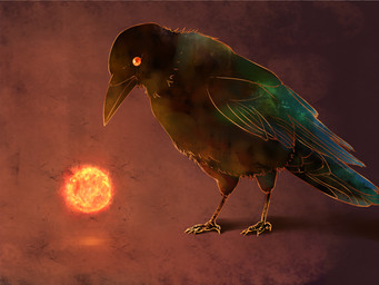beak female feral glowing glowing_eyes red_eyes solo sun uruo touhou utsuho_reiuji avian bird corvid corvus_(genus) crow oscine passerine raven 4:3