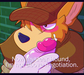 anthro blush bodily_fluids bound clothed clothing cum cum_on_face dialogue duo erection fur genital_fluids genitals headgear headwear male male/male penis questionable_consent simple_background solo_focus text fizzyjay sherlock_hound_(series) moriarty_(sherlock_hound) sherlock_hound canid canine canis domestic_dog mammal wolf digital_media_(artwork) english_text hi_res letterbox