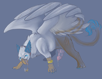 alcohol beak beverage blue_eyes bodily_fluids drunk erection feathered_wings feathers feral genital_fluids genitals glass knot male narcoo penis precum simple_background solo substance_intoxication tail tongue tongue_out wings iko yaoifairy mythology avian gryphon mythological_avian mythological_creature hi_res