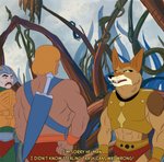 anthro armor dialogue group male outside prick_ears text redcoatcat masters_of_the_universe mattel he-man kojote canid canine canis coyote human mammal english_text