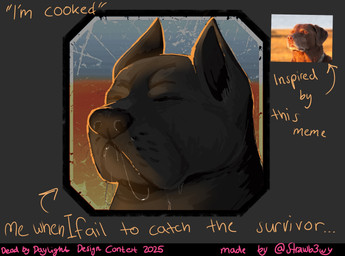 ambiguous_feral ambiguous_gender black_body black_border black_fur black_nose bodily_fluids border directional_arrow eyes_closed feral fur light photo_reference saliva saliva_string simple_background solo text whisker_spots year strawb3wy dead_by_daylight dog_closing_eyes_in_sunset i'm_cooked_(meme) snug_(dead_by_daylight) canid canine canis domestic_dog mammal mastiff molosser 2025 artist_name colored dated english_text headshot_portrait hi_res lighting meme portrait reference_image shaded male_(lore)