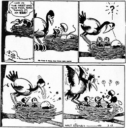 ambiguous_gender anthro beak bottomwear clothing egg eggshell eyes_closed feral motion_lines nest open_beak open_mouth outside pants pecking plant question_mark speech_bubble surprised text tongue tree young young_feral ub_iwerks walt_disney_(artist) win_smith disney public_domain mickey_mouse 1930 20th_century absurd_res ancient_art black_and_white english_text hi_res monochrome parent_(lore) parent_and_child_(lore)