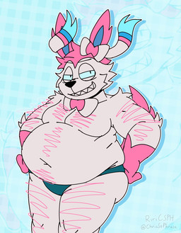 anthro arm_hair belly belly_hair blue_eyes body_hair bow_tie bulge chest_hair clothing fur grin hairy male overweight pink_body pink_fur sharp_teeth smile smirk solo teeth thong underwear chrissophrase nintendo pokemon eeveelution generation_6_pokemon pokemon_(species) sylveon hi_res