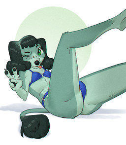 anthro barefoot bikini black_hair black_pawpads blep breasts claws clothing eyelashes feet female finger_claws fur gesture green_eyes grey_body grey_fur hair hand_gesture legs_up long_hair looking_at_viewer lying mostly_nude on_back on_ground one_eye_closed pawpads presenting_crotch simple_background small_breasts snout solo swimwear tail tail_tuft tongue tongue_out tuft two-piece_swimsuit v_sign wink winking_at_viewer ruffu unnamed_character canid canine mammal digital_drawing_(artwork) digital_media_(artwork)