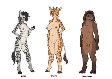 4_toes anthro areola biped black_hair black_stripes blonde_hair breasts brown_body brown_fur brown_hair brown_spots claws clenched_teeth feet female female_anthro fingers front_view fur genitals green_eyes group hair hand_on_hip hand_on_own_hip hooves inner_ear_fluff looking_aside looking_at_another looking_at_viewer markings navel nipples nude nude_anthro nude_female red_eyes smile spots spotted_body spotted_fur standing striped_body striped_fur striped_markings striped_tail stripes tail tail_markings teeth toe_claws toes trio tuft vulva white_body white_fur foxovh bear equid equine giraffe giraffid mammal zebra 2025 digital_media_(artwork)