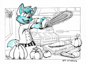 anthro blue_body blue_eyes blue_fur blue_hair blue_inner_ear_fluff blue_tail blue_tongue chainsaw cheek_tuft clothed clothing cook cooking facial_tuft fangs fur gloves_(marking) hair holding_chainsaw holding_object holding_power_tool holding_tool inner_ear_fluff logo male markings open_mouth open_smile power_tool smile solo tail teeth tongue tools tuft young young_anthro young_male pandapaco canid canine mammal 2018 artist_logo dated signature