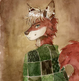 anthro cheek_tuft closed_smile clothed clothing facial_tuft fur glistening glistening_hair green_clothing green_eyes green_topwear hair looking_at_viewer male messy_hair mouth_closed neck_tuft red_body red_fur short_hair simple_background smile solo striped_ears topwear tuft unsigned white_body white_fur white_hair akatan_art canid canine fox mammal half-length_portrait hi_res portrait traditional_media_(artwork)