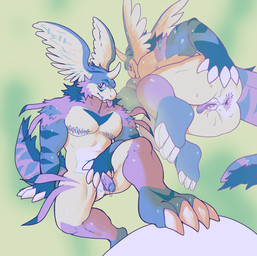 andromorph anthro anus big_muscles genitals head_wings hyper hyper_genitalia intersex mastectomy_scar muscular presenting presenting_anus presenting_vulva scar sitting solo t_dick text unusual_wing_placement visibly_trans vulva wings bunslikeatruck bandai_namco digimon english_text hi_res