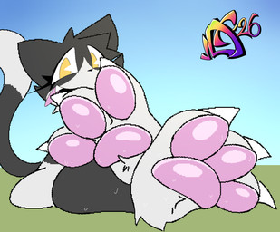 anthro bodily_fluids claws feet female foot_fetish foot_play looking_at_viewer nude open_mouth paws solo sweat sweaty_feet yellow_eyes vytelux the_binding_of_isaac_(series) guppy_(tboi) domestic_cat felid feline felis mammal hi_res