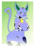 animal_print anthro arm_warmers armwear big_breasts bow_tie breasts clothed clothing cow_lingerie cow_outfit cow_print cowbell female fur heart_symbol horn legwear purple_body purple_fur solo thick_thighs thigh_highs chainilla nintendo pokemon bovid bovine cattle eeveelution espeon generation_2_pokemon mammal pokemon_(species) absurd_res hi_res