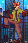 anthro barefoot biped bottomwear building city clothed clothing cloud feet macro male necktie outside pants raised_leg shirt sky solo text topwear higsby disney zootopia nick_wilde canid canine fox mammal red_fox true_fox 2016 artist_name colored dated digital_drawing_(artwork) digital_media_(artwork) hi_res signature