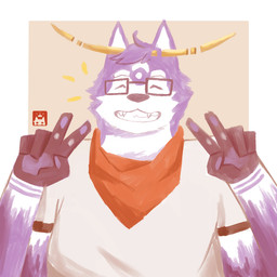 ambiguous_gender anthro clothing eyebrows eyes_closed eyewear facial_markings fangs fur gesture glasses hand_gesture head_markings head_tuft male markings multicolored_body multicolored_fur pawpads pointy_ears purple_body purple_fur scarf shirt smile solo teeth thick_eyebrows topwear tuft two_tone_body two_tone_fur v_sign wearing_glasses white_body white_fur w0lfi unnamed_character canid canine canis mammal wolf 1:1 digital_media_(artwork) digital_painting_(artwork) painting_(artwork)