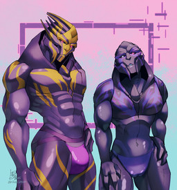 clothing duo female heterochromia jockstrap male muscular muscular_female muscular_male panties posing_for_the_viewer smile smiling_at_viewer smirk smirking_at_viewer teeth_showing underwear skerzzz bioware electronic_arts mass_effect devian_malcius novina_tanidos alien humanoid turian hi_res