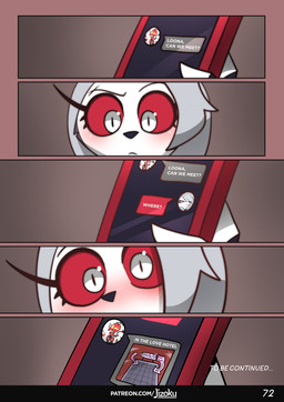 anthro blush cellphone electronics female fur male phone red_body red_sclera red_skin smartphone text texting white_body white_fur jizoku hellaverse helluva_boss mythology loona_(helluva_boss) moxxie_(helluva_boss) canid canid_demon canine demon hellhound imp mammal mythological_canine mythological_creature 2025 absurd_res comic english_text hi_res