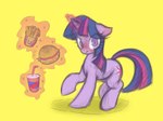 beverage blue_mane blue_tail blush bodily_fluids burger cutie_mark female feral food fries fur hay_burger hooves horn long_mane long_tail looking_at_viewer magic magic_aura magic_user mane multicolored_mane multicolored_tail pink_mane pink_tail purple_body purple_eyes purple_fur purple_mane purple_tail simple_background soda soda_cup solo sweat sweatdrop tail telekinesis unicorn_horn yellow_background ather_os friendship_is_magic hasbro my_little_pony mythology twilight_sparkle_(mlp) equid equine mammal mythological_creature mythological_equine unicorn 2024 absurd_res digital_drawing_(artwork) digital_media_(artwork) hi_res