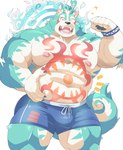 anthro barazoku blue_body bulge clothing humanoid_hands kemono male muscular muscular_male nipples one_eye_closed solo swimwear wink ayame42612 asian_mythology east_asian_mythology japanese_mythology lifewonders mythology tokyo_afterschool_summoners oguchi_magami_(tas) canid canine canis mammal wolf 2021 hi_res