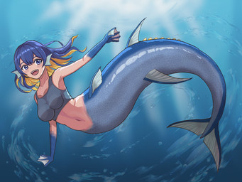blonde_hair blue_body blue_eyes blue_hair bra breasts clothed clothed_female clothing ear_fins female fin hair light_body light_skin medium_breasts membrane_(anatomy) multicolored_hair navel solo split_form two_tone_hair underwater underwear water webbed_hands tausend_pfeile aquatic merfolk hi_res